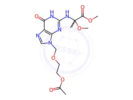 Chemical structure of Alanine, N-[9-[[2-(acetyloxy)ethoxy]methyl]-6,9-dihydro-6-oxo-1H-purin-2-yl]-2-methoxy-, methyl ester