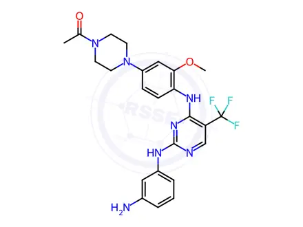 Chemical structure of 1-(4-(4-((2-((3-aminophenyl)amino)-5-(trifluoromethyl)pyrimidin-4-yl)amino)-3-methoxyphenyl)piperazin-1-yl)ethan-1-one