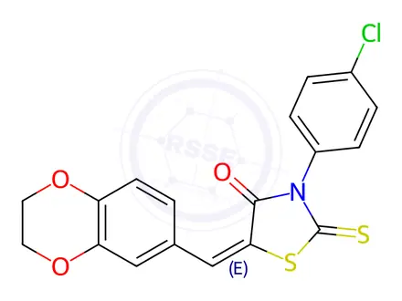 Chemical structure of (5E)-3-(4-Chlorophenyl)-5-[(2,3-dihydro-1,4-benzodioxin-6-yl)methylidene]-2-sulfanylidene-1,3-thiazolidin-4-one