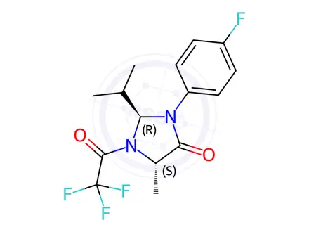 Chemical structure of (2R,5S)-3-(4-fluorophenyl)-2-isopropyl-5-methyl-1-(2,2,2-trifluoroacetyl)imidazolidin-4-one