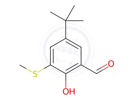 Chemical structure of Benzaldehyde, 5-(1,1-dimethylethyl)-2-hydroxy-3-(methylthio)-
