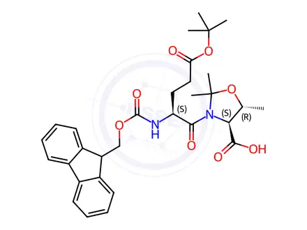 Chemical structure of (4S,5R)-3-((S)-2-((((9H-Fluoren-9-yl)methoxy)carbonyl)amino)-5-(tert-butoxy)-5-oxopentanoyl)-2,2,5-trimethyloxazolidine-4-carboxylic acid