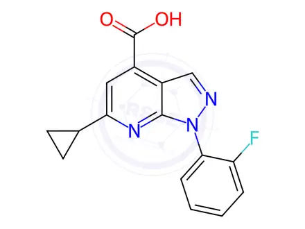 Chemical structure of 6-cyclopropyl-1-(2-fluorophenyl)-1H-pyrazolo[3,4-b]pyridine-4-carboxylic acid