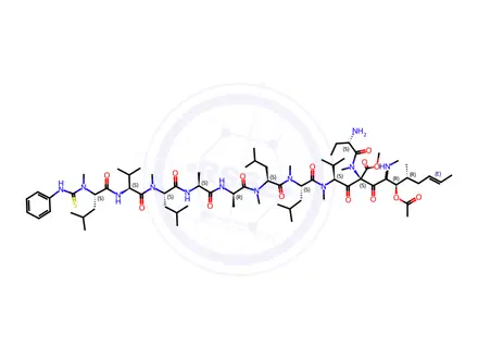 Chemical structure of Glycine, N-methyl-N-[(phenylamino)thioxomethyl]-L-leucyl-L-valyl-N-methyl-L-leucyl-L-alanyl-D-alanyl-N-methyl-L-leucyl-N-methyl-L-leucyl-N-methyl-L-valyl-(2S,3R,4R,6E)-3-(acetyloxy)-4-methyl-2-(methylamino)-6-octenoyl-(2S)-2-aminobutanoyl-N-methyl-, methyl ester