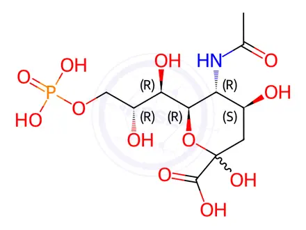Chemical structure of (4S,5R,6R,7S,8R)-5-Acetamido-4,6,7,8-tetrahydroxy-2-oxo-9-(phosphonooxy)nonanoic Acid