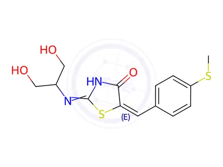 Chemical structure of (5E)-2-[(1,3-Dihydroxypropan-2-yl)amino]-5-{[4-(methylsulfanyl)phenyl]methylidene}-4,5-dihydro-1,3-thiazol-4-one