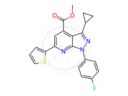 Chemical structure of Methyl 3-cyclopropyl-1-(4-fluorophenyl)-6-(thiophen-2-yl)-1H-pyrazolo[3,4-b]pyridine-4-carboxylate