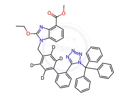 Chemical structure of 2-Ethoxy-1-[[2'-[2-(trityl)-2H-tetrazol-5-yl][1,1'-biphenyl]-4-yl]methyl]-1H-benzimidazole-4-carboxylic Acid Methyl Ester-d4 (Candesartan Impurity)