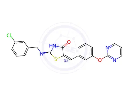 Chemical structure of (5E)-2-{[(3-chlorophenyl)methyl]amino}-5-{[3-(pyrimidin-2-yloxy)phenyl]methylidene}-4,5-dihydro-1,3-thiazol-4-one