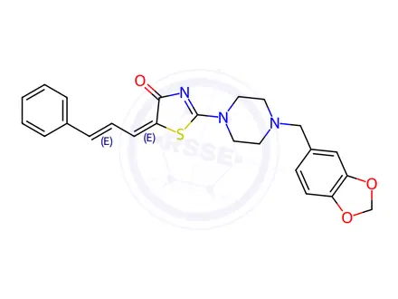Chemical structure of (5E)-2-{4-[(2H-1,3-benzodioxol-5-yl)methyl]piperazin-1-yl}-5-[(2E)-3-phenylprop-2-en-1-ylidene]-4,5-dihydro-1,3-thiazol-4-one