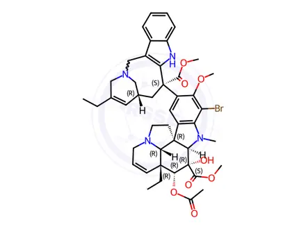 Chemical structure of Aspidospermidine-3-carboxylic acid, 4-(acetyloxy)-17-bromo-6,7-didehydro-15-[(2R,6R,8S)-4-ethyl-1,3,6,7,8,9-hexahydro-8-(methoxycarbonyl)-2,6-methano-2H-azecino[4,3-b]indol-8-yl]-3-hydroxy-16-methoxy-1-methyl-, methyl ester, (2β,3β,4β,5α,12β,19α)-; methyl (3aR,3a1R,4R,5S,5aR,10bR)-4-acetoxy-7-bromo-3a-ethyl-9-((2R,6R,8S)-4-ethyl-8-(methoxycarbonyl)-1,3,6,7,8,9-hexahydro-2,6-methanoazecino[4,3-b]indol-8-yl)-5-hydroxy-8-methoxy-6-methyl-3a,3a1,4,5,5a,6,11,12-octahydro-1H-indolizino[8,1-cd]carbazole-5-carboxylate