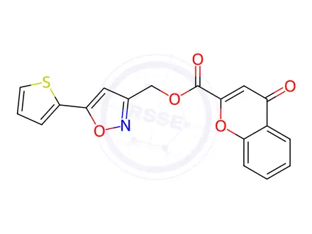 Chemical structure of (5-(Thiophen-2-yl)isoxazol-3-yl)methyl 4-oxo-4H-chromene-2-carboxylate
