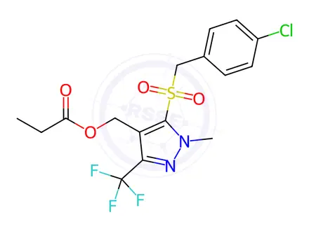 Chemical structure of (5-((4-Chlorobenzyl)sulfonyl)-1-methyl-3-(trifluoromethyl)-1H-pyrazol-4-yl)methyl propionate