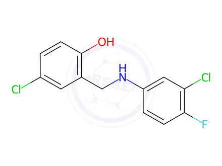 Chemical structure of 4-Chloro-2-(((3-chloro-4-fluorophenyl)amino)methyl)phenol