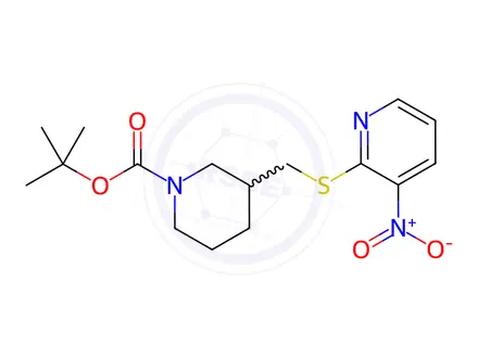 Chemical structure of 3-(3-Nitro-pyridin-2-ylsulfanylMeth yl)-piperidine-1-carboxylic acid te rt-butyl ester
