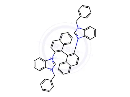Chemical structure of 3,3'-(1R)-[1,1'-Binaphthalene]-2,2'-diylbis[1-benzyl-1h-benzimidazolium] bromide, 95%