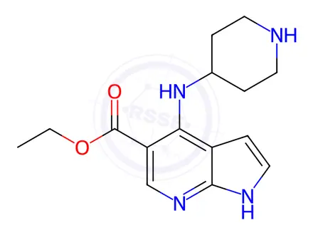 Chemical structure of 1H-Pyrrolo[2,3-b]pyridine-5-carboxylic acid, 4-(4-piperidinylaMino)-, ethyl ester, hydrochloride (1:2)
