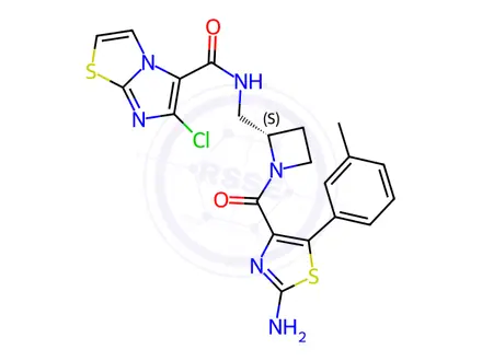 Chemical structure of Imidazo[2,1-b]thiazole-5-carboxamide, N-[[(2S)-1-[[2-amino-5-(3-methylphenyl)-4-thiazolyl]carbonyl]-2-azetidinyl]methyl]-6-chloro