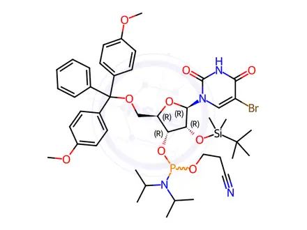 Chemical structure of Uridine, 5'-O-[bis(4-methoxyphenyl)phenylmethyl]-5-bromo-2'-O-[(1,1-dimethylethyl)dimethylsilyl]-, 3'-[2-cyanoethyl bis(1-methylethyl)phosphoramidite] (9CI)