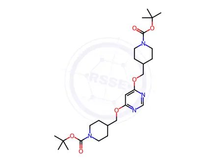 Chemical structure of Di-tert-butyl 4,4'-((pyrimidine-4,6-diylbis(oxy))bis(methylene))bis(piperidine-1-carboxylate)