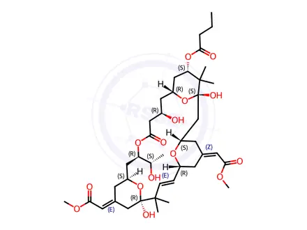 Chemical structure of Butanoic acid, (1S,3S,5Z,7R,8E,11R,13E,15S,17R,21R,23R,25S)-1,11,21-trihydroxy-17-(1R)-1-hydroxyethyl-5,13-bis(2-methoxy-2-oxoethylidene)-10,10,26,26-tetramethyl-19-oxo-18,27,28,29-tetraoxatetracyclo21.3.1.13,7.111,15nonacos-8-en-25-yl ester