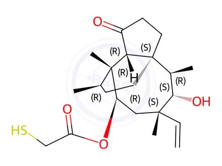 Chemical structure of Acetic acid, 2-mercapto-, (3aS,4R,5S,6S,8R,9R,9aR,10R)-6-ethenyldecahydro-5-hydroxy-4,6,9,10-tetramethyl-1-oxo-3a,9-propano-3aH-cyclopentacycloocten-8-yl ester