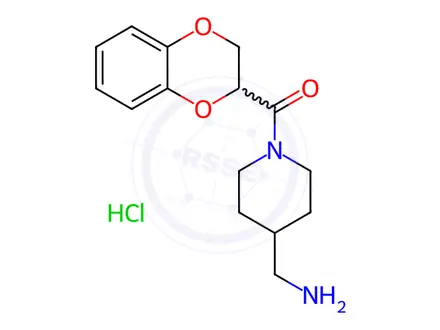 Chemical structure of (4-AMinoMethyl-piperidin-1-yl)-(2,3-dihydro-benzo[1,4]dioxin-2-yl)-Methanone hydrochloride