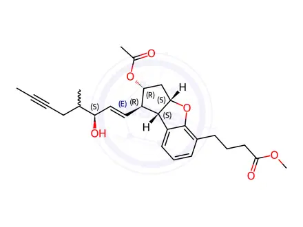 Chemical structure of methyl 4-((1R,2R,3aS,8bS)-2-acetoxy-1-((3S,E)-3-hydroxy-4-methyloct-1-en-6-yn-1-yl)-2,3,3a,8b-tetrahydro-1H-cyclopenta[b]benzofuran-5-yl)butanoate