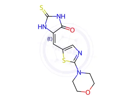 Chemical structure of (5E)-5-{[2-(morpholin-4-yl)-1,3-thiazol-5-yl]methylidene}-2-sulfanylideneimidazolidin-4-one