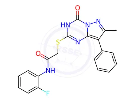 Chemical structure of N-(2-Fluorophenyl)-2-((7-methyl-4-oxo-8-phenyl-3,4-dihydropyrazolo[1,5-a][1,3,5]triazin-2-yl)thio)acetamide
