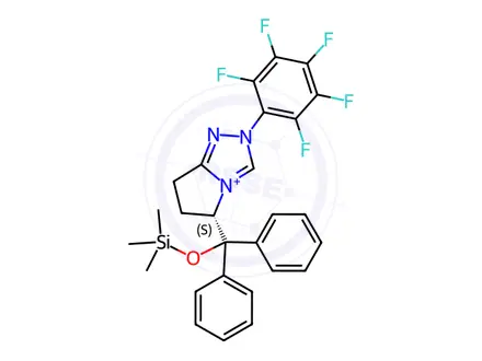 Chemical structure of (S)-5-(Diphenyl((trimethylsilyl)oxy)methyl)-2-(perfluorophenyl)-6,7-dihydro-5H-pyrrolo[2,1-c][1,2,4]triazol-2-ium tetrafluoroborate
