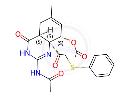 Chemical structure of (4AS,8S,8aS)-2-acetamido-6-methyl-4-oxo-8a-(2-(phenylthio)acetyl)-1,4,4a,5,8,8a-hexahydroquinazolin-8-yl acetate