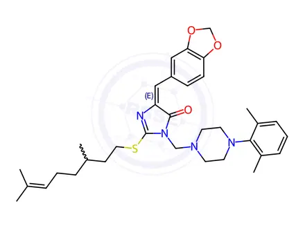 Chemical structure of (4E)-4-[(2H-1,3-Benzodioxol-5-yl)methylidene]-2-[(3,7-dimethyloct-6-en-1-yl)sulfanyl]-1-{[4-(2,6-dimethylphenyl)piperazin-1-yl]methyl}-4,5-dihydro-1H-imidazol-5-one
