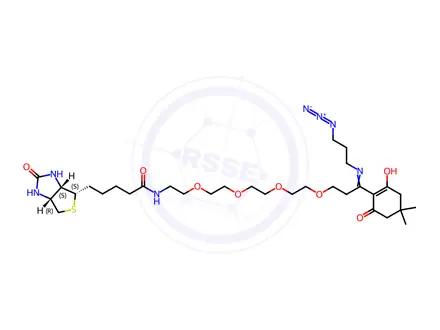 Chemical structure of rel N-(19-azido-15-(4,4-dimethyl-2,6-dioxocyclohexylidene)-3,6,9,12-tetraoxa-16-azanonadecyl)-5-(2-oxohexahydro-1H-thieno[3,4-d]imidazol-4-yl)pentanamide