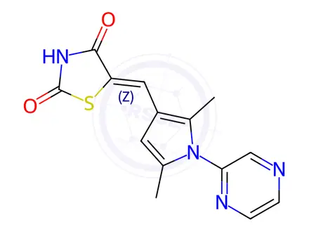 Chemical structure of (5Z)-5-{[2,5-dimethyl-1-(pyrazin-2-yl)-1H-pyrrol-3-yl]methylidene}-1,3-thiazolidine-2,4-dione