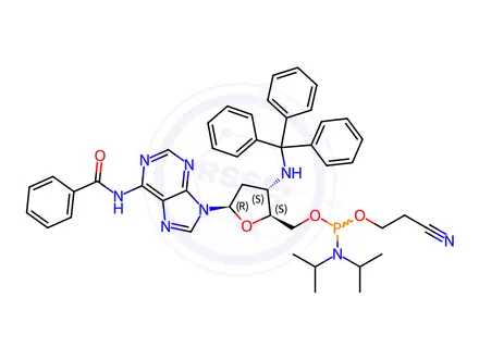 Chemical structure of Adenosine, N-benzoyl-2',3'-dideoxy-3'-[(triphenylmethyl)amino]-, 5'-[2-cyanoethyl N,N-bis(1-methylethyl)phosphoramidite]