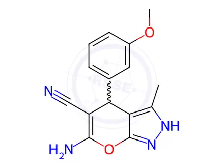Chemical structure of 6-amino-4-(3-methoxyphenyl)-3-methyl-1,4-dihydropyrano[2,3-c]pyrazole-5-carbonitrile