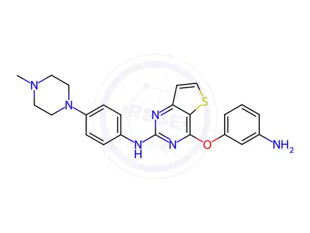 Chemical structure of Thieno[3,2-d]pyrimidin-2-amine,4-(3-aminophenoxy)-N-[4-(4-methyl-1-piperazinyl)phenyl]-