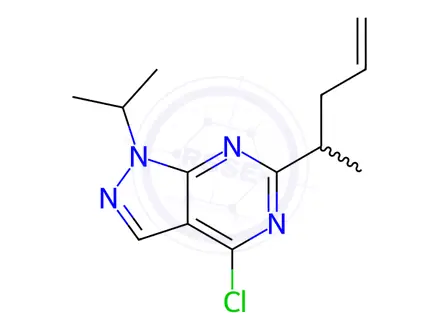 Chemical structure of 4-chloro-1-isopropyl-6-(1-methylbut-3-enyl)pyrazolo[3,4-d]pyrimidine