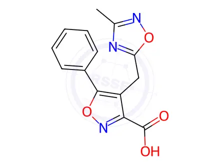 Chemical structure of 4-((3-Methyl-1,2,4-oxadiazol-5-yl)methyl)-5-phenylisoxazole-3-carboxylic acid