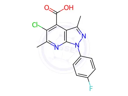 Chemical structure of 5-chloro-1-(4-fluorophenyl)-3,6-dimethyl-1H-pyrazolo[3,4-b]pyridine-4-carboxylic acid