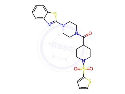 Chemical structure of (4-(Benzo[d]thiazol-2-yl)piperazin-1-yl)(1-(thiophen-2-ylsulfonyl)piperidin-4-yl)methanone