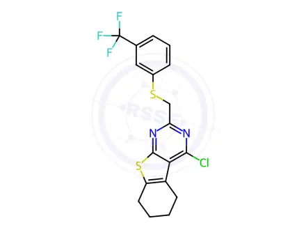 Chemical structure of 4-Chloro-2-(((3-(trifluoromethyl)phenyl)thio)methyl)-5,6,7,8-tetrahydrobenzo[4,5]thieno[2,3-d]pyrimidine