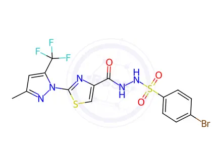 Chemical structure of 4-Bromo-N'-(2-(3-methyl-5-(trifluoromethyl)-1H-pyrazol-1-yl)thiazole-4-carbonyl)benzenesulfonohydrazide