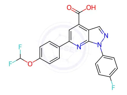 Chemical structure of 6-[4-(difluoromethoxy)phenyl]-1-(4-fluorophenyl)-1H-pyrazolo[3,4-b]pyridine-4-carboxylic acid