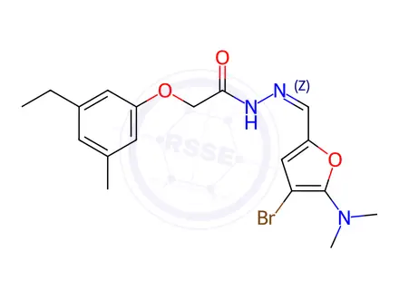 Chemical structure of Acetic acid, (3-ethyl-5-methylphenoxy)-, [[4-bromo-5-(dimethylamino)-2-furanyl]methylene]hydrazide (9CI)