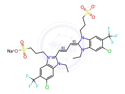 Chemical structure of 1H-Benzimidazolium, 6-chloro-2-[3-[5-chloro-3-ethyl-1,3-dihydro-1-(3-sulfopropyl)-6-(trifluoromethyl)-2H-benzimidazol-2-ylidene]-1-propenyl]-1-ethyl-3-(3-sulfopropyl)-5-(trifluoromethyl)-, hydroxide, inner salt, sodium salt
