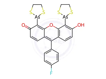 Chemical structure of 4,5-Bis(1,3,2-dithiarsolan-2-yl)-9-(4-fluorophenyl)-6-hydroxy-3H-xanthen-3-one