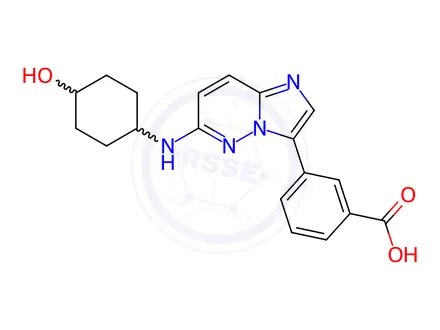 Chemical structure of 3-{6-[(4-hydroxycyclohexyl)amino]imidazo[1,2-b]pyridazin-3-yl}benzoic acid