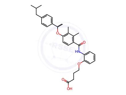 Chemical structure of Butanoic acid, 4-[2-[[2,3-dimethyl-4-[1-[4-(2-methylpropyl)phenyl]ethoxy]benzoyl]amino]phenoxy]-